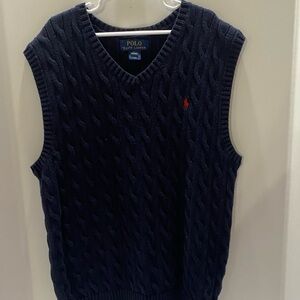 Polo Ralph Lauren Boys L (14-16) Cable Knit Sweater Vest Navy Cotton Red Pony